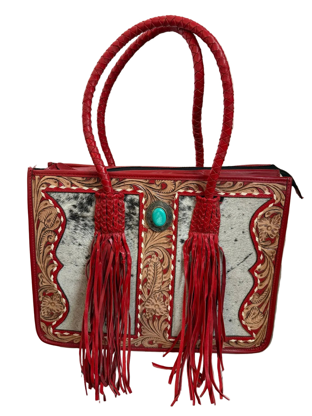 Scarlet Rodeo Hand-Tooled Leather & Cowhide Fringe Tote Bag
