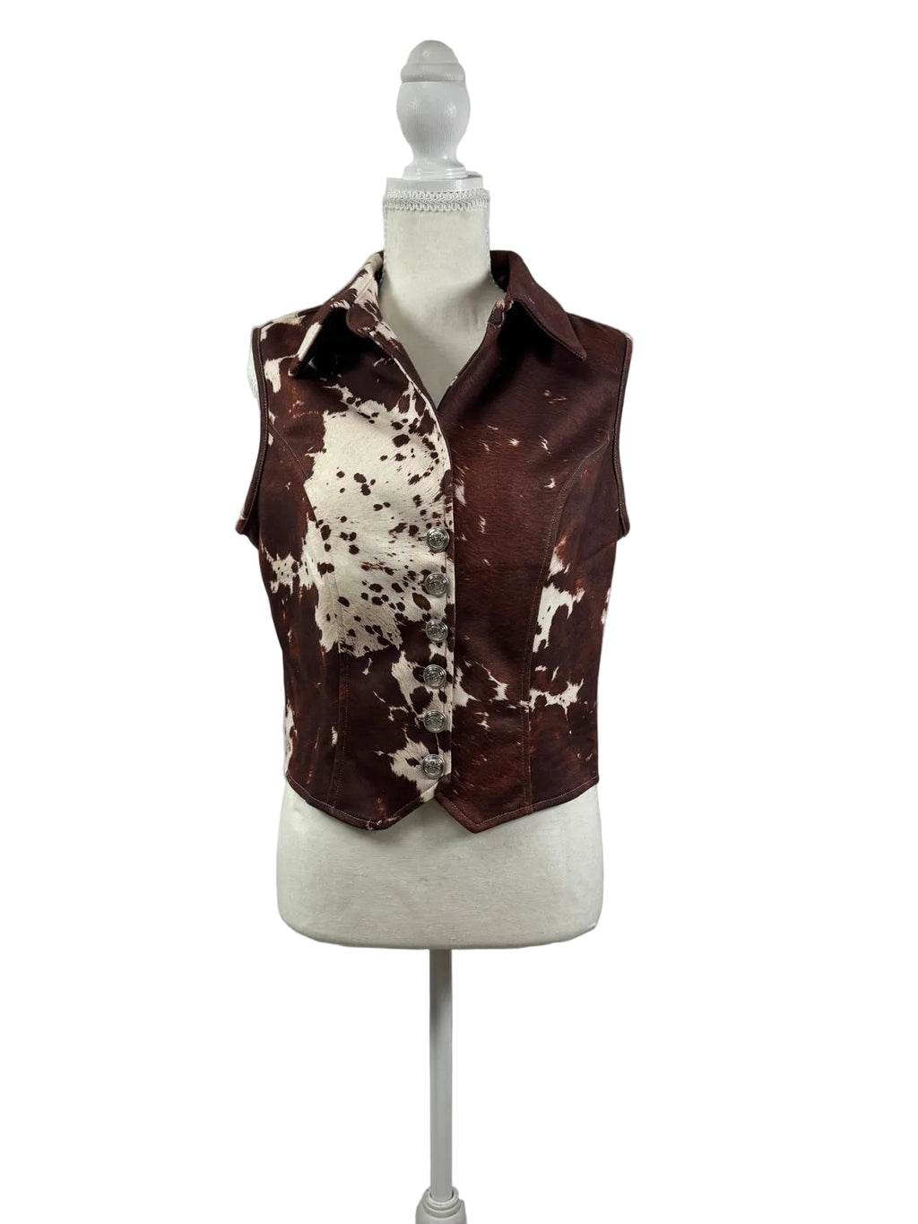 Western Cowhide Print Button-Up Vest | Cowgirl Boutique Top