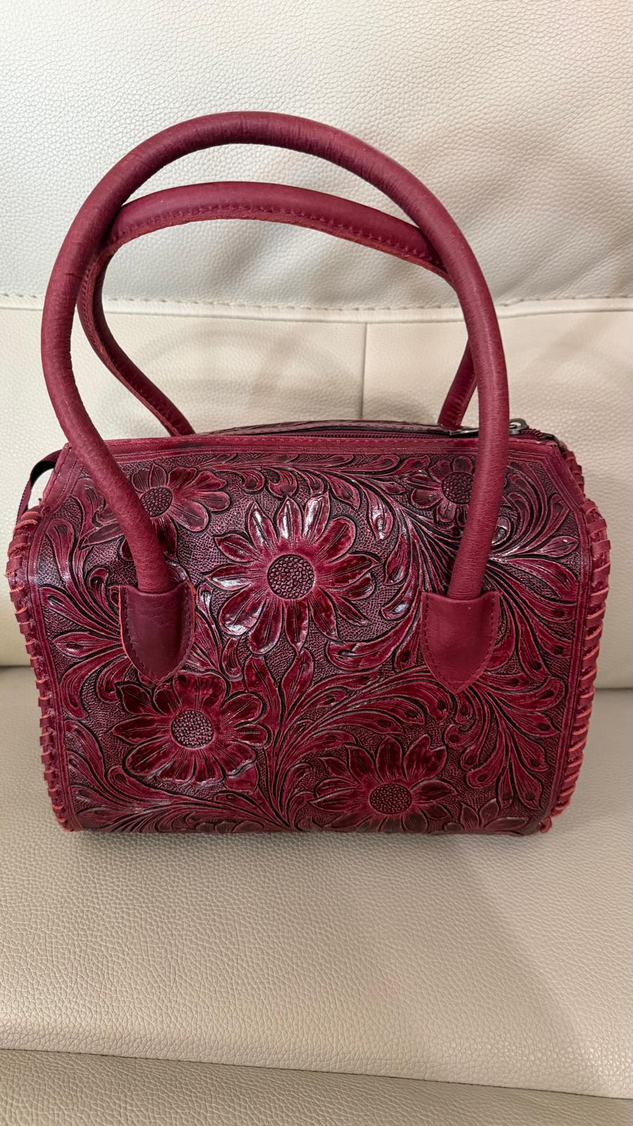 Black Cherry Blossom Satchel – Genuine Leather Hand-Tooled Floral Handbag