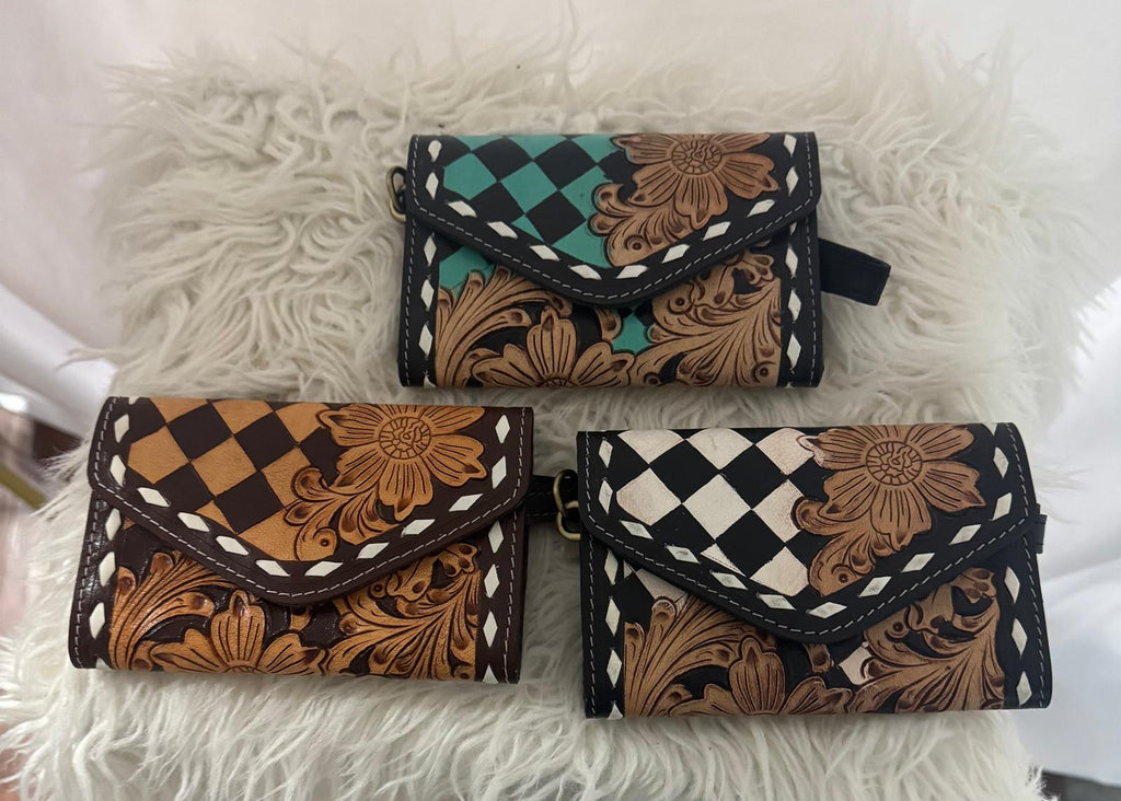 Diamond Bloom Tooled Leather Wristlet Wallet