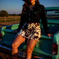 Western Cowhide Print Denim Mini Skirt – Cowgirl Boutique Statement Skirt