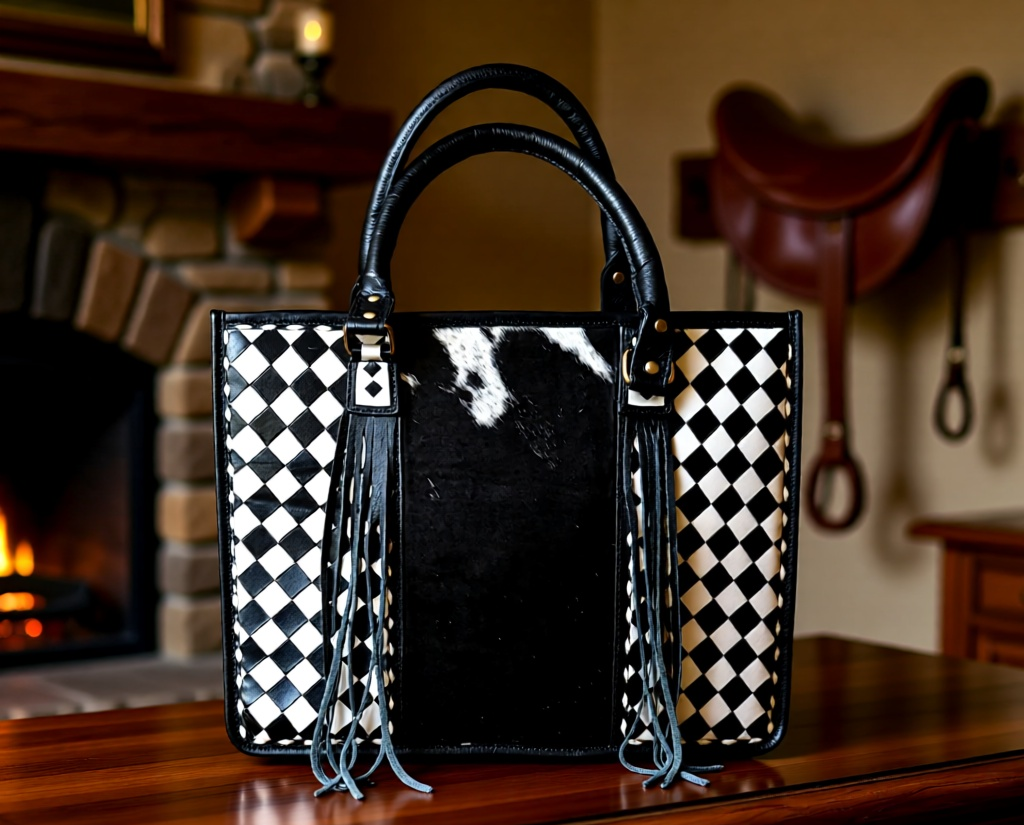 High Society Hide Tote – Genuine Leather Hair-on-Hide Western Handbag with Fringe