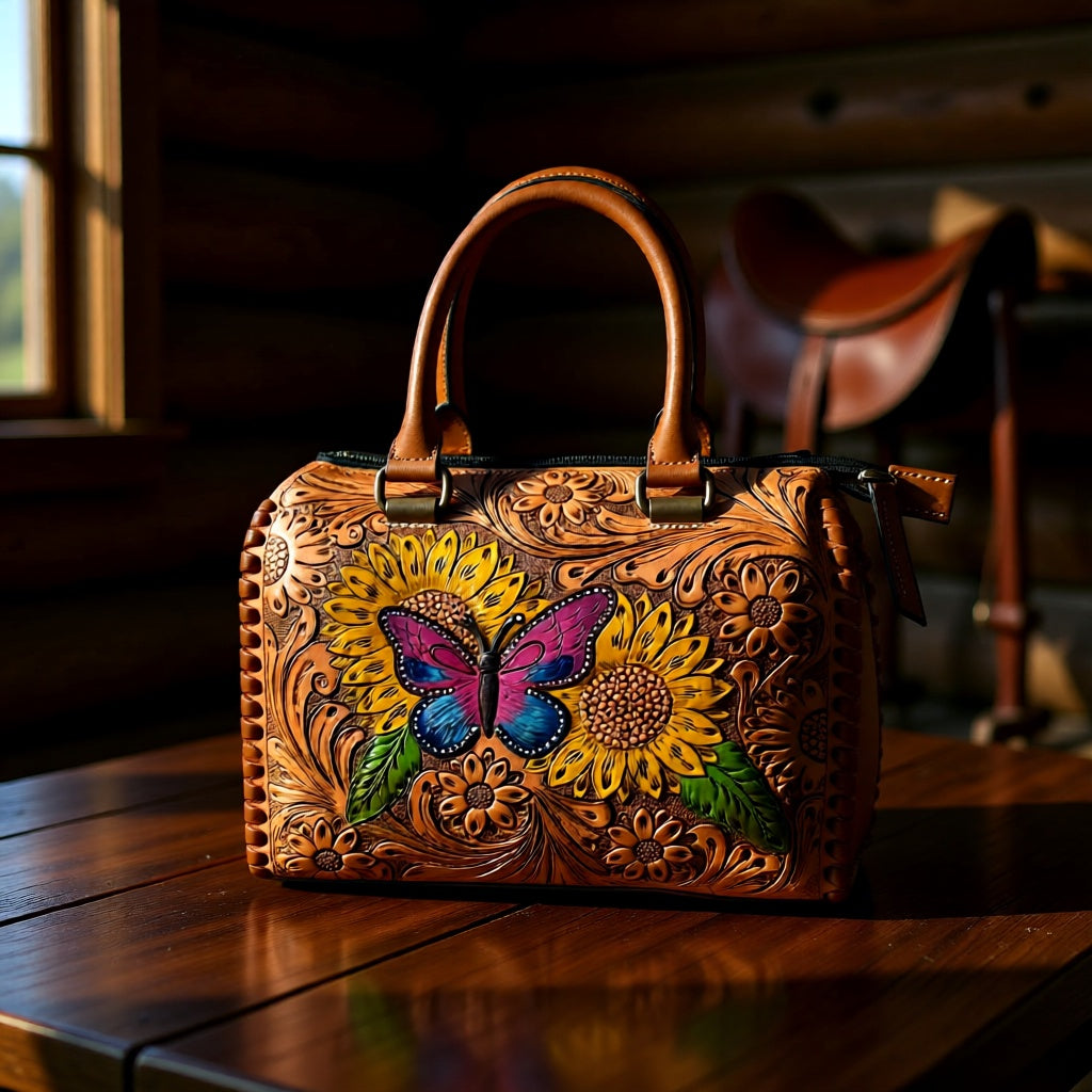 Wild Wings Speedy – Tooled Leather Sunflower & Butterfly Handbag