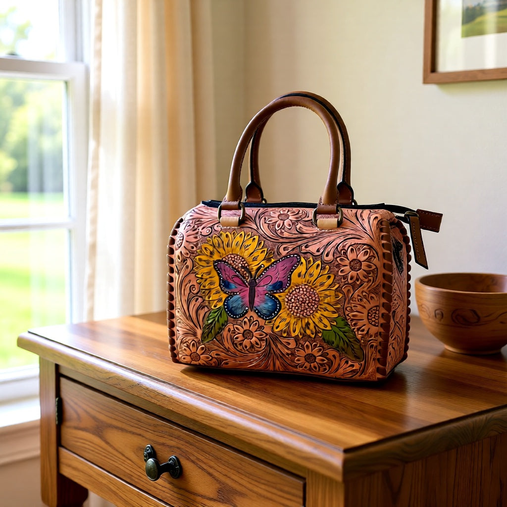 Wild Wings Speedy – Tooled Leather Sunflower & Butterfly Handbag