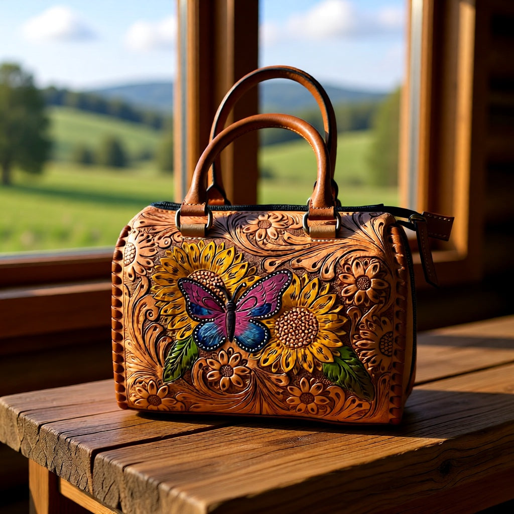 Wild Wings Speedy – Tooled Leather Sunflower & Butterfly Handbag