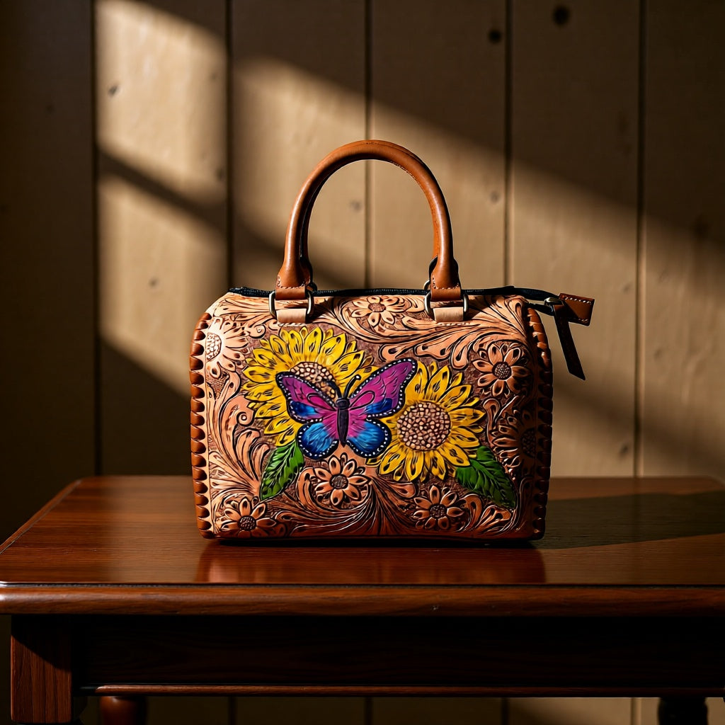 Wild Wings Speedy – Tooled Leather Sunflower & Butterfly Handbag