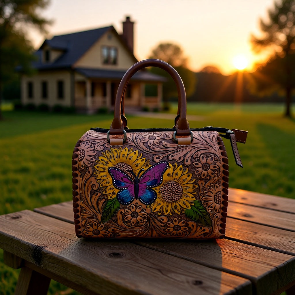 Wild Wings Speedy – Tooled Leather Sunflower & Butterfly Handbag
