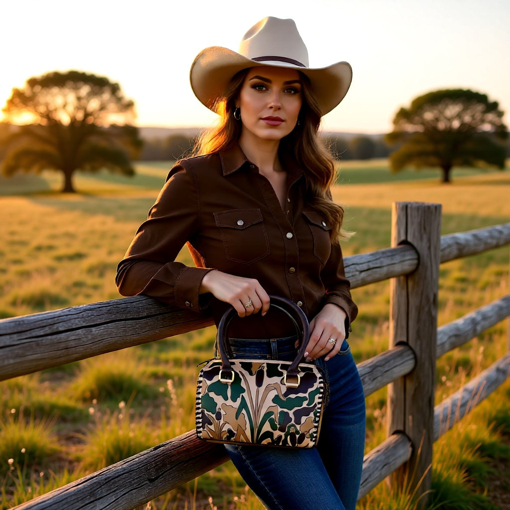 Camo Cowgirl Genuine Leather Tooled Speedy Handbag