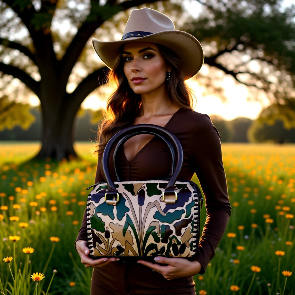 Camo Cowgirl Genuine Leather Tooled Speedy Handbag