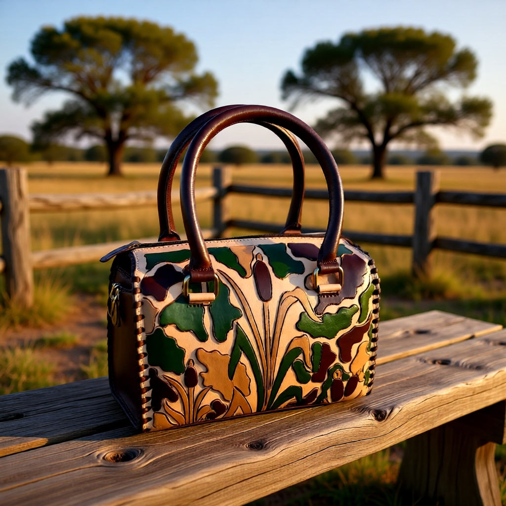 Camo Cowgirl Genuine Leather Tooled Speedy Handbag