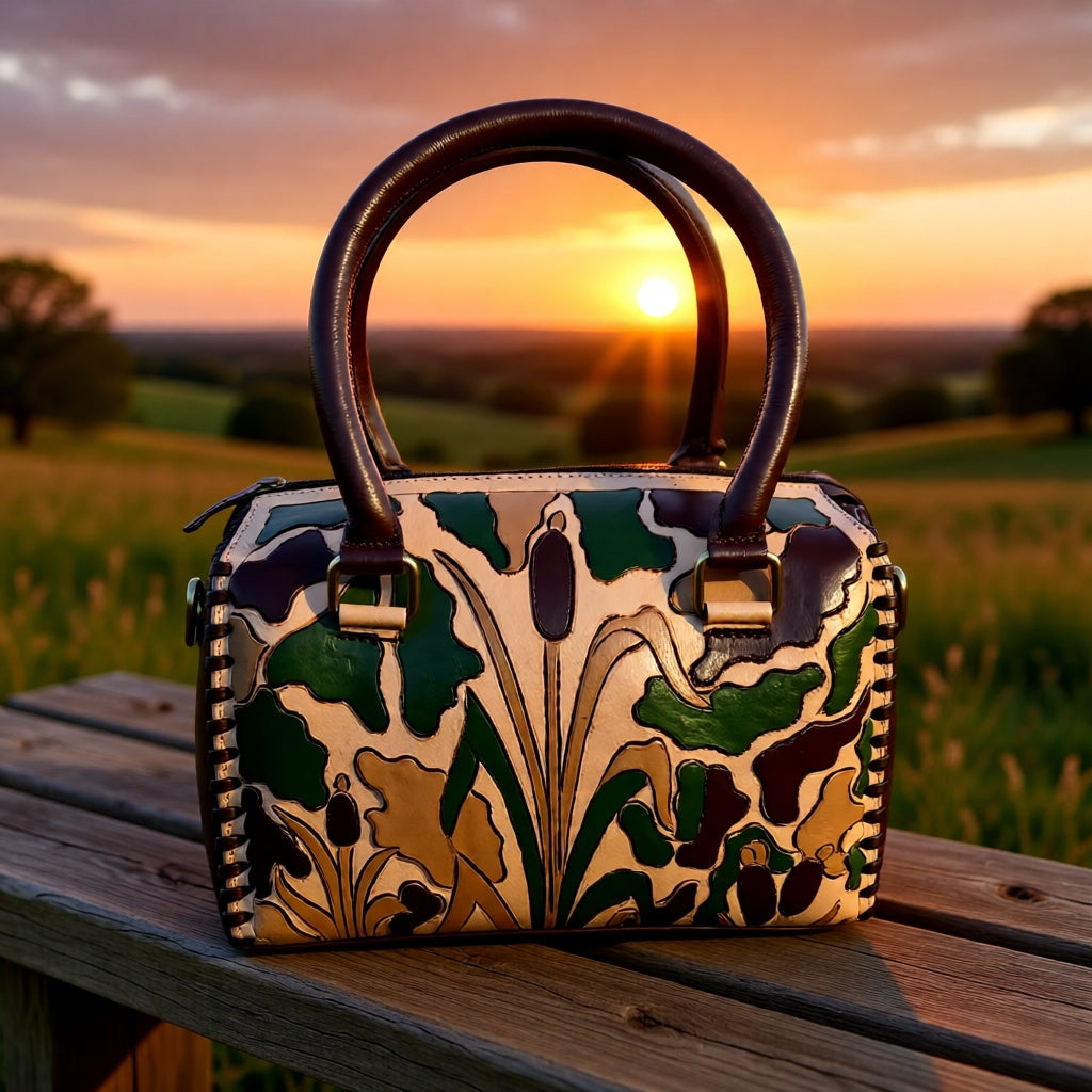 Camo Cowgirl Genuine Leather Tooled Speedy Handbag