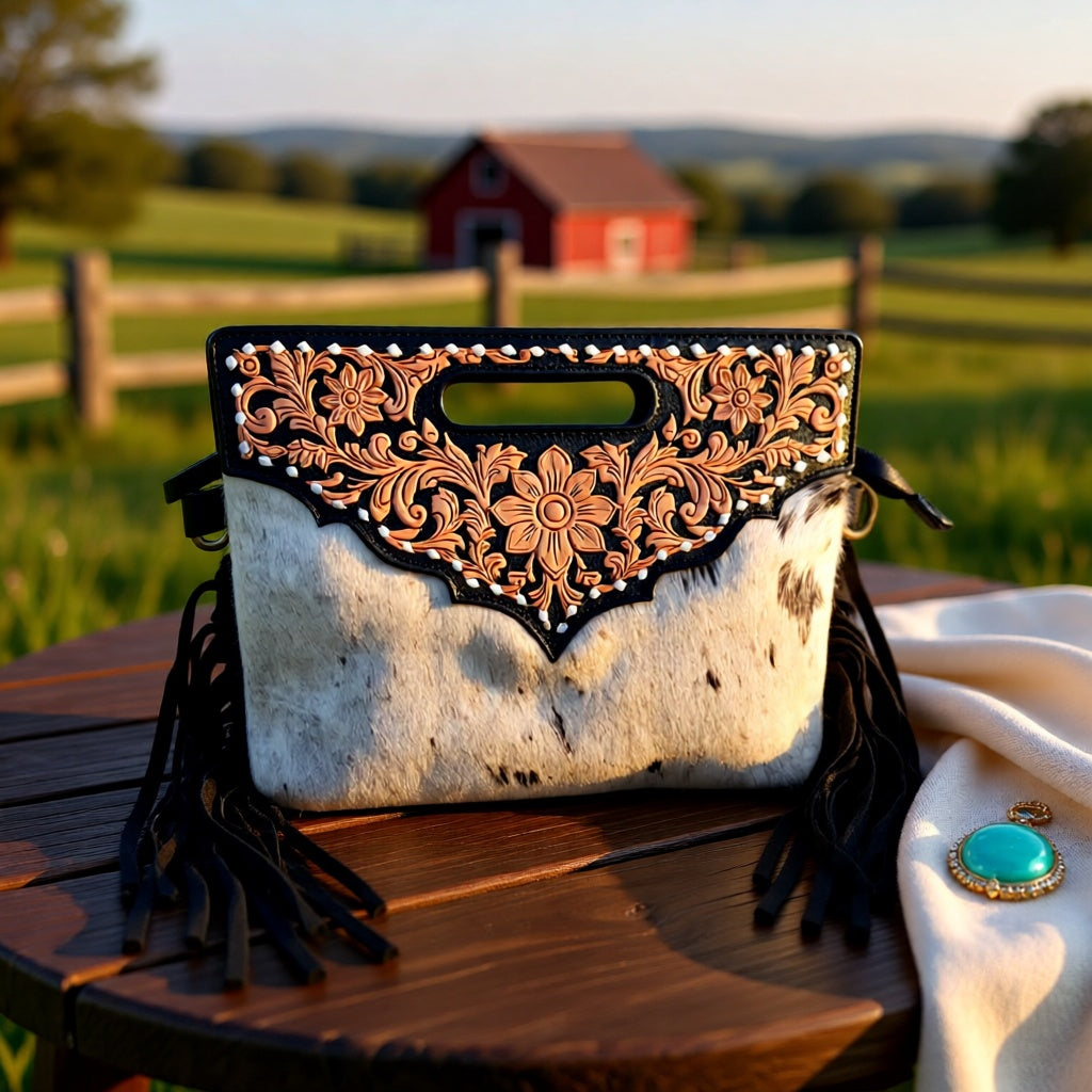 Double Take Genuine Leather & Hair-on-Hide Western Fringe Handbag