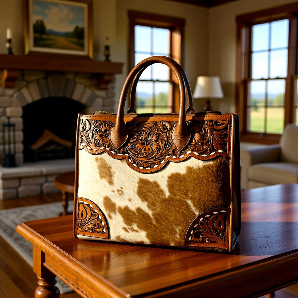 The Oakmont Hide Tote — Floral Tooled Leather & Hair-on-Hide Tote Handbag