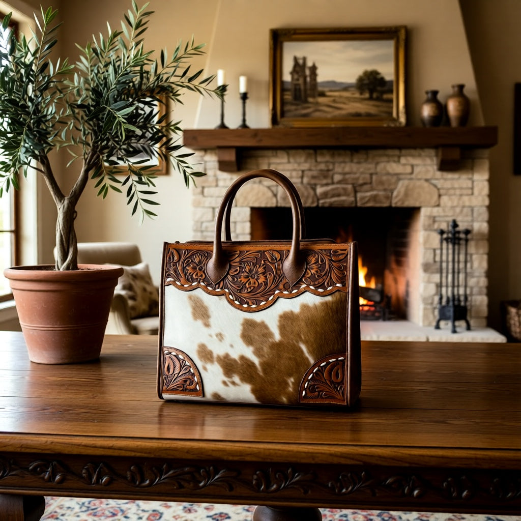 The Oakmont Hide Tote — Floral Tooled Leather & Hair-on-Hide Tote Handbag