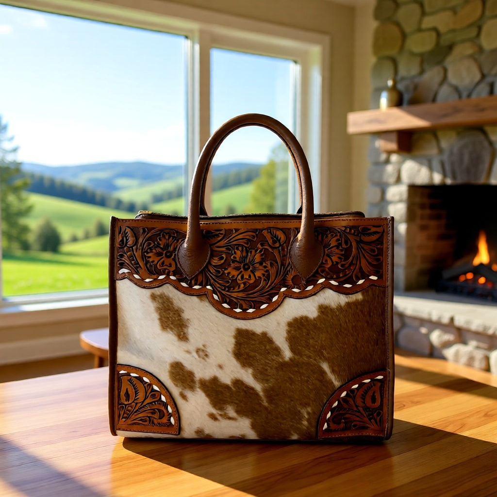 The Oakmont Hide Tote — Floral Tooled Leather & Hair-on-Hide Tote Handbag