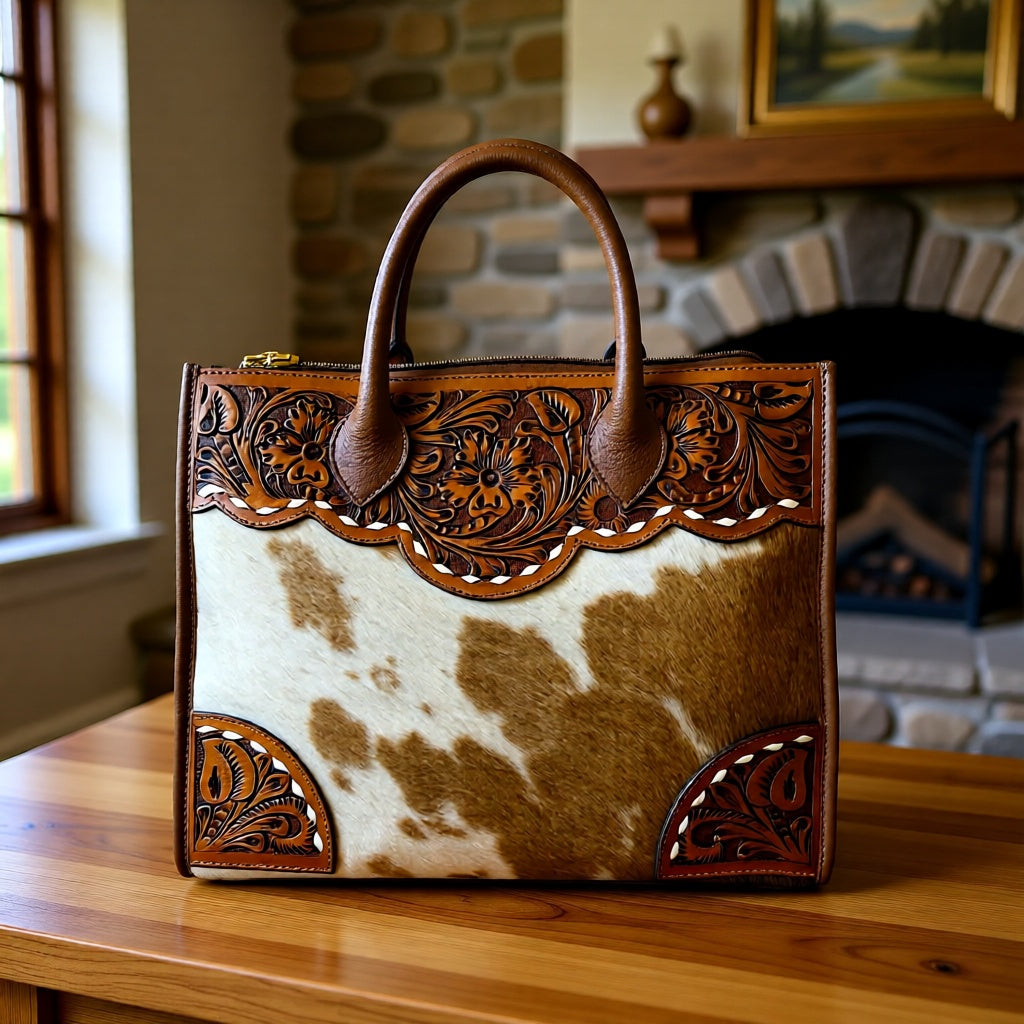 The Oakmont Hide Tote — Floral Tooled Leather & Hair-on-Hide Tote Handbag