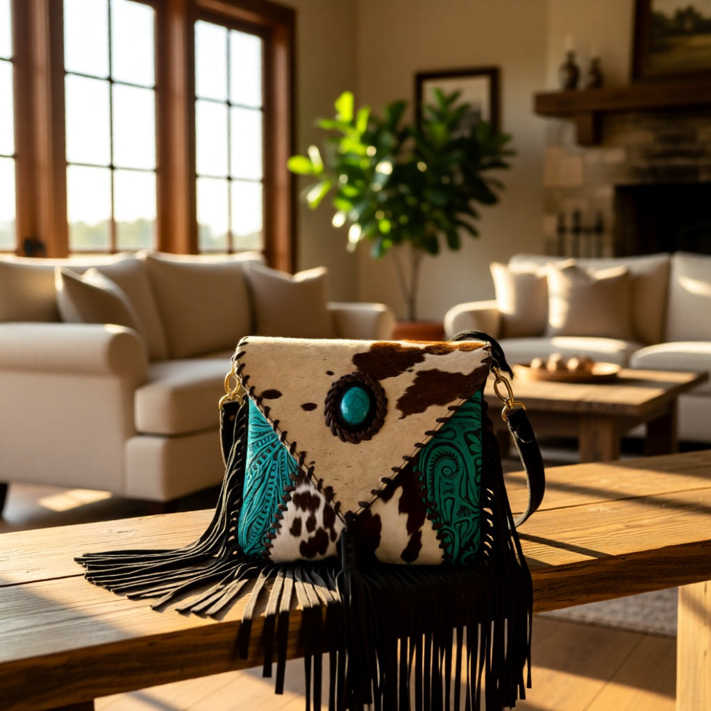 Turquoise Temptation Fringe Crossbody – Western Tooled Cowhide Fringe Crossbody Purse