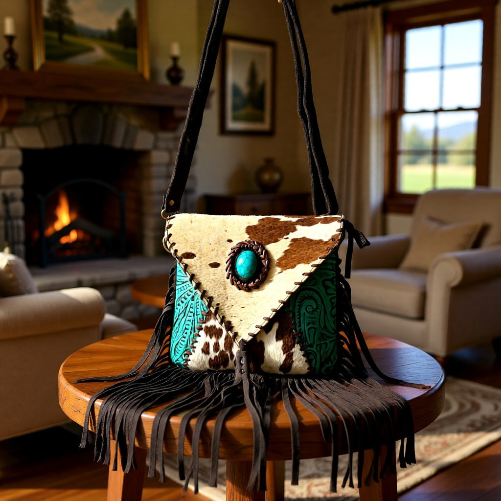 Turquoise Temptation Fringe Crossbody – Western Tooled Cowhide Fringe Crossbody Purse