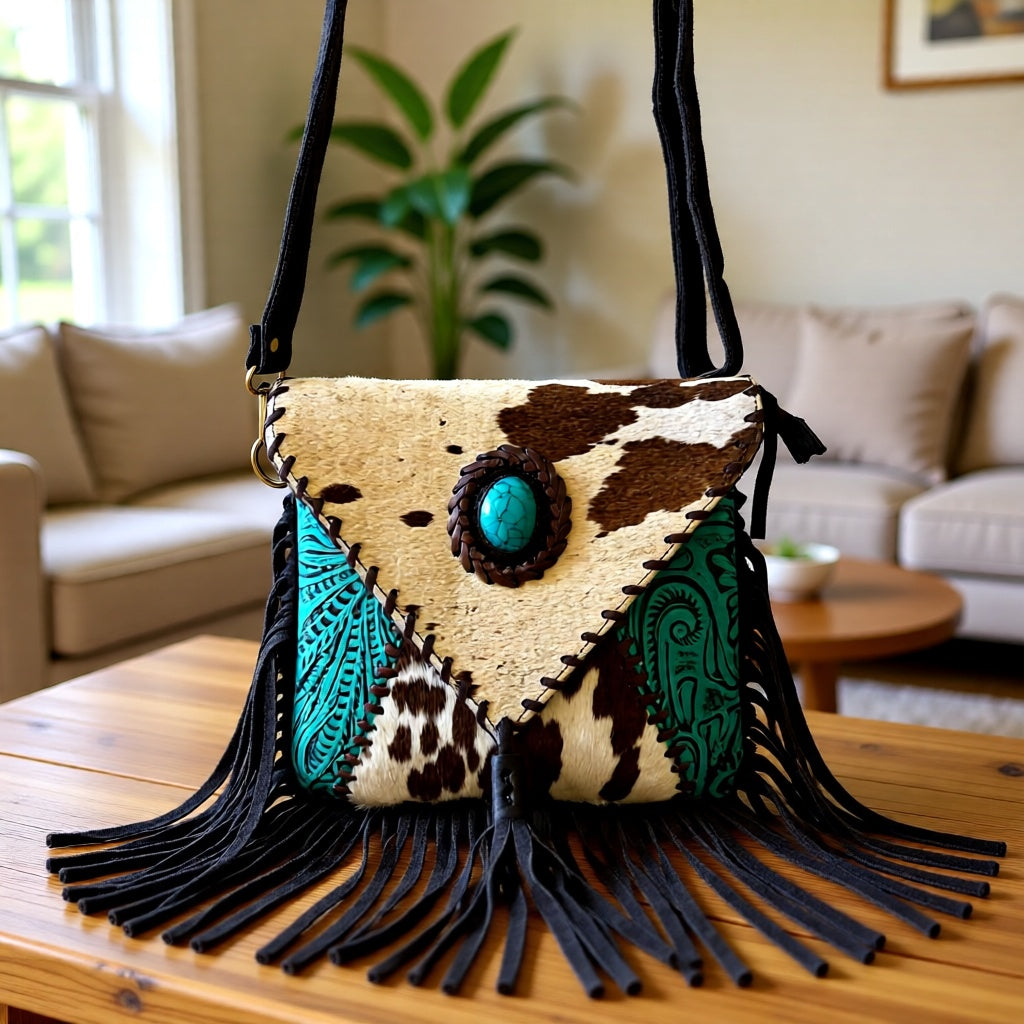 Turquoise Temptation Fringe Crossbody – Western Tooled Cowhide Fringe Crossbody Purse