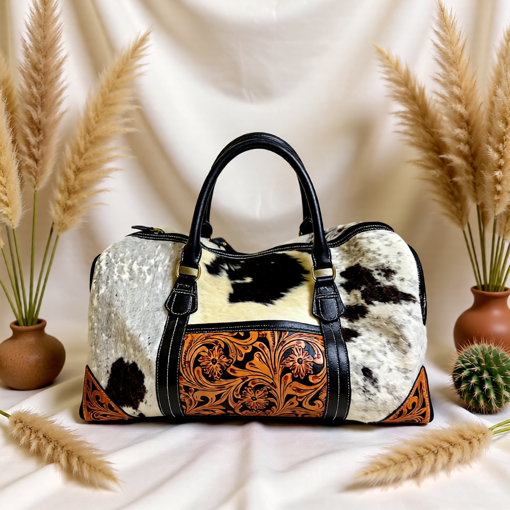 The Rancher’s Weekender – Cowhide & Tooled Leather Duffle