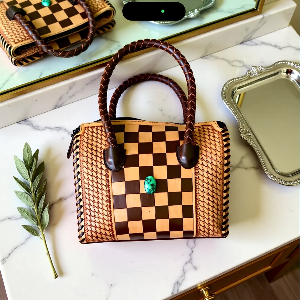 The Santa Fe Checkmate – Hand Painted Leather & Turquoise Handbag