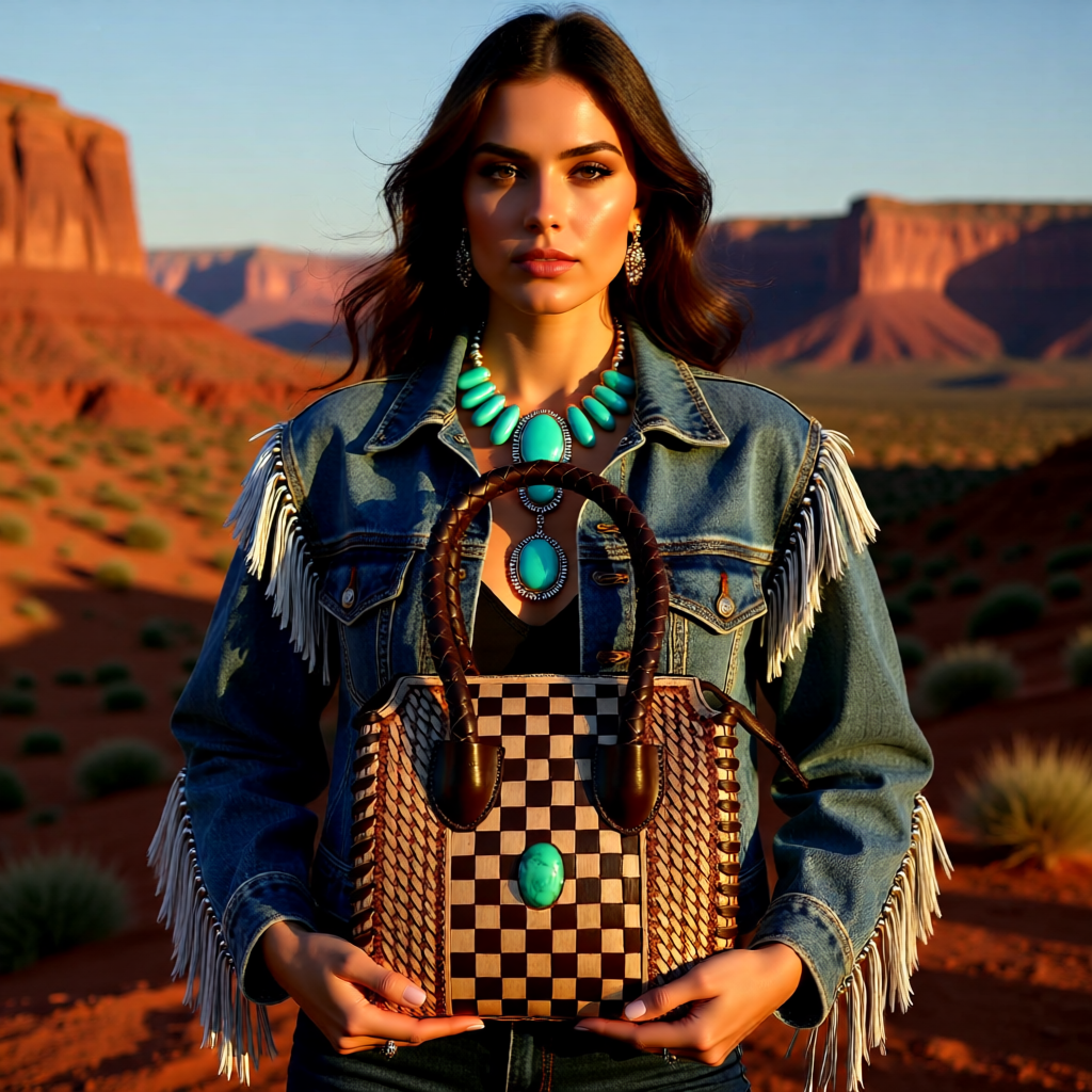 The Santa Fe Checkmate – Hand Painted Leather & Turquoise Handbag