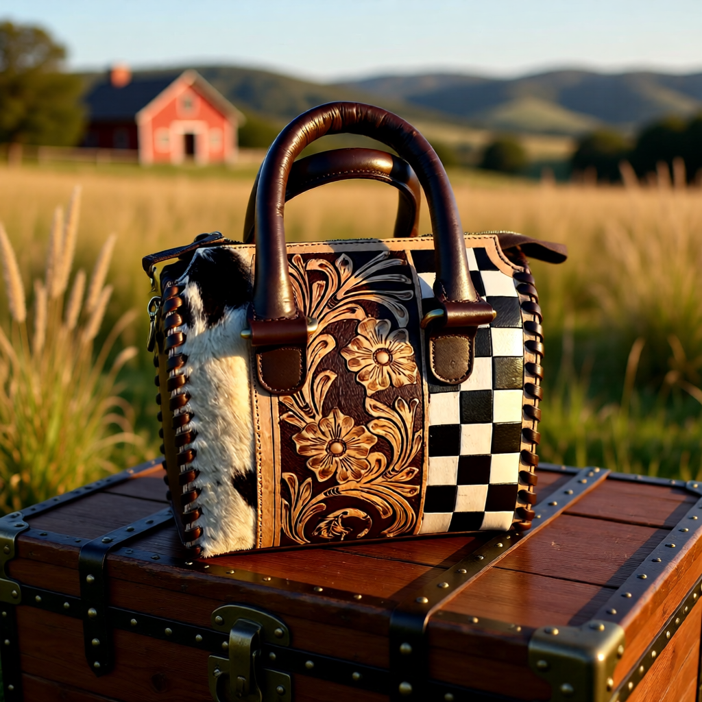 The Painted Desert Darling – Tooled Leather, Cowhide & Checkered Handbag