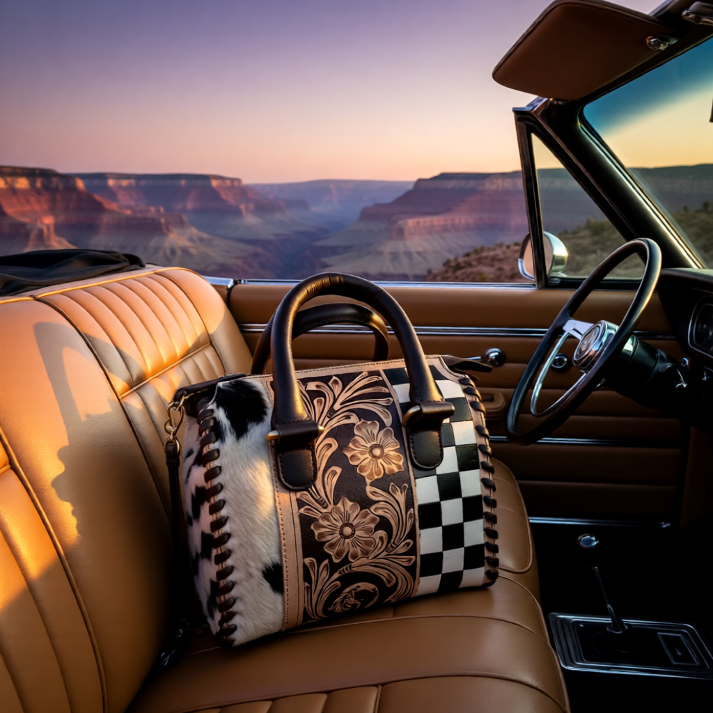 The Painted Desert Darling – Tooled Leather, Cowhide & Checkered Handbag