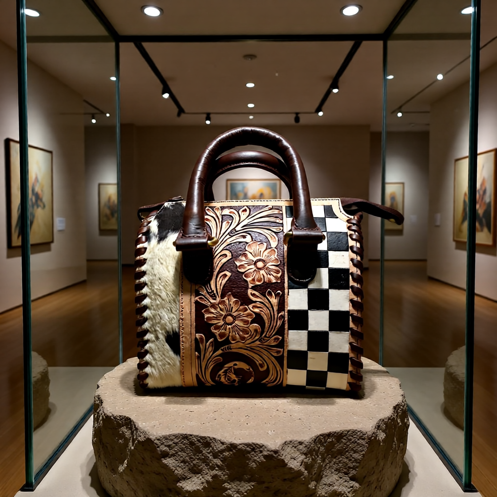 The Painted Desert Darling – Tooled Leather, Cowhide & Checkered Handbag