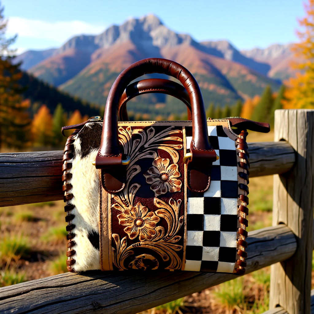 The Painted Desert Darling – Tooled Leather, Cowhide & Checkered Handbag