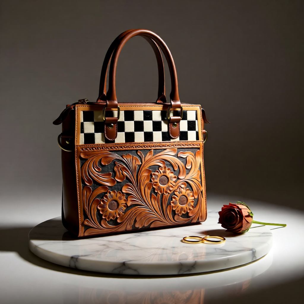 The Belmont Classic – Tooled Leather & Checkered Handbag