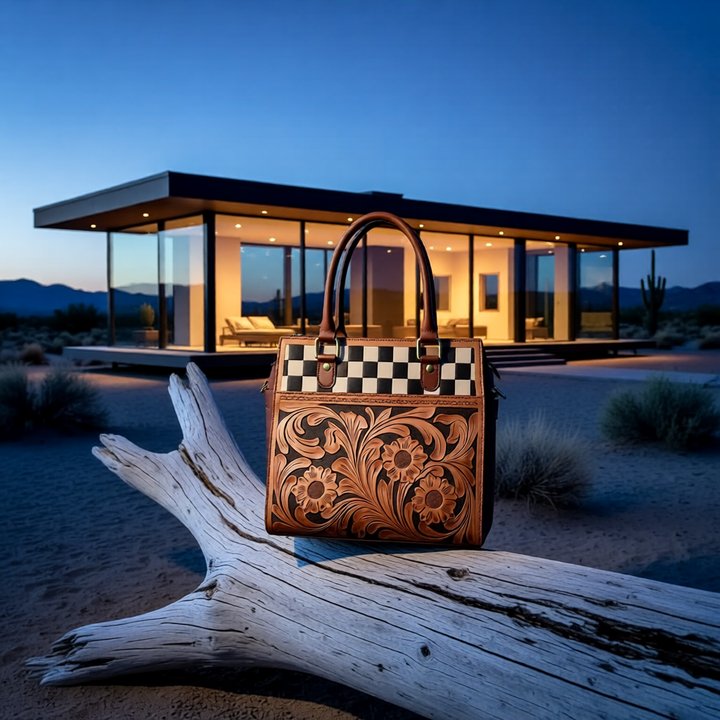 The Belmont Classic – Tooled Leather & Checkered Handbag