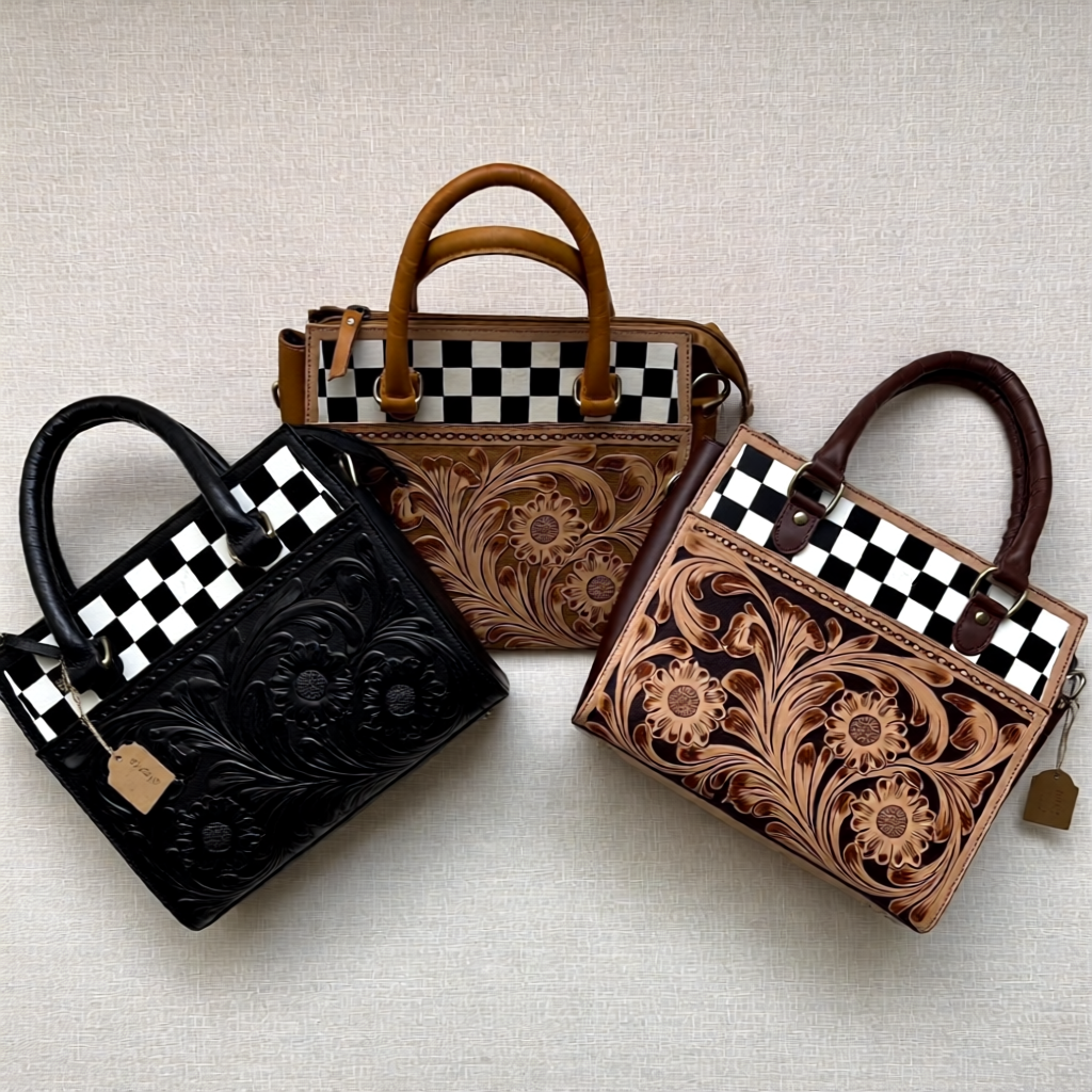 The Belmont Classic – Tooled Leather & Checkered Handbag