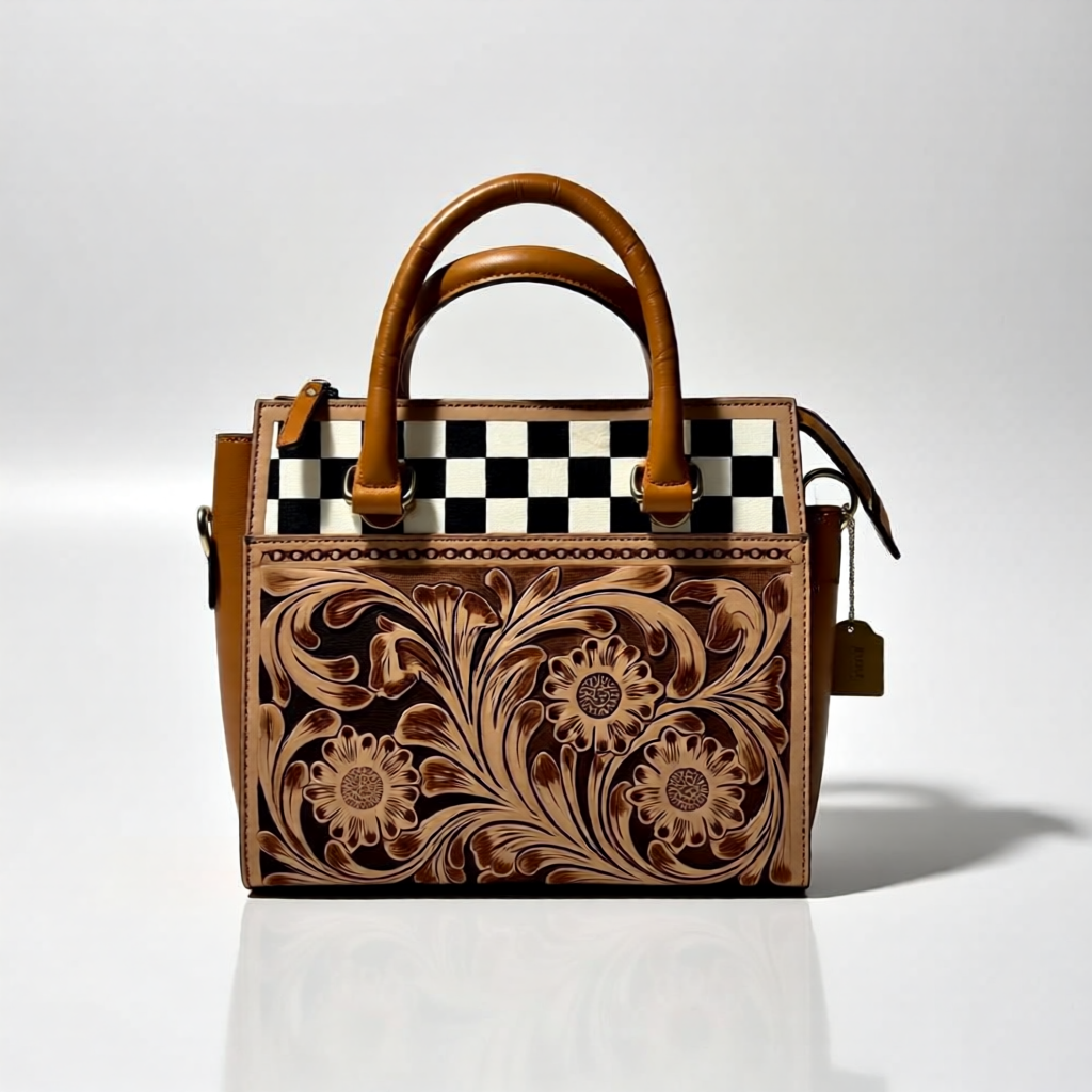 The Belmont Classic – Tooled Leather & Checkered Handbag