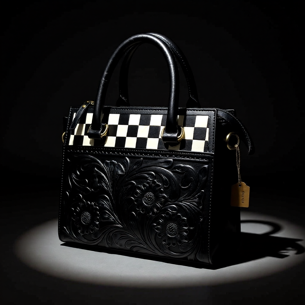 The Belmont Classic – Tooled Leather & Checkered Handbag