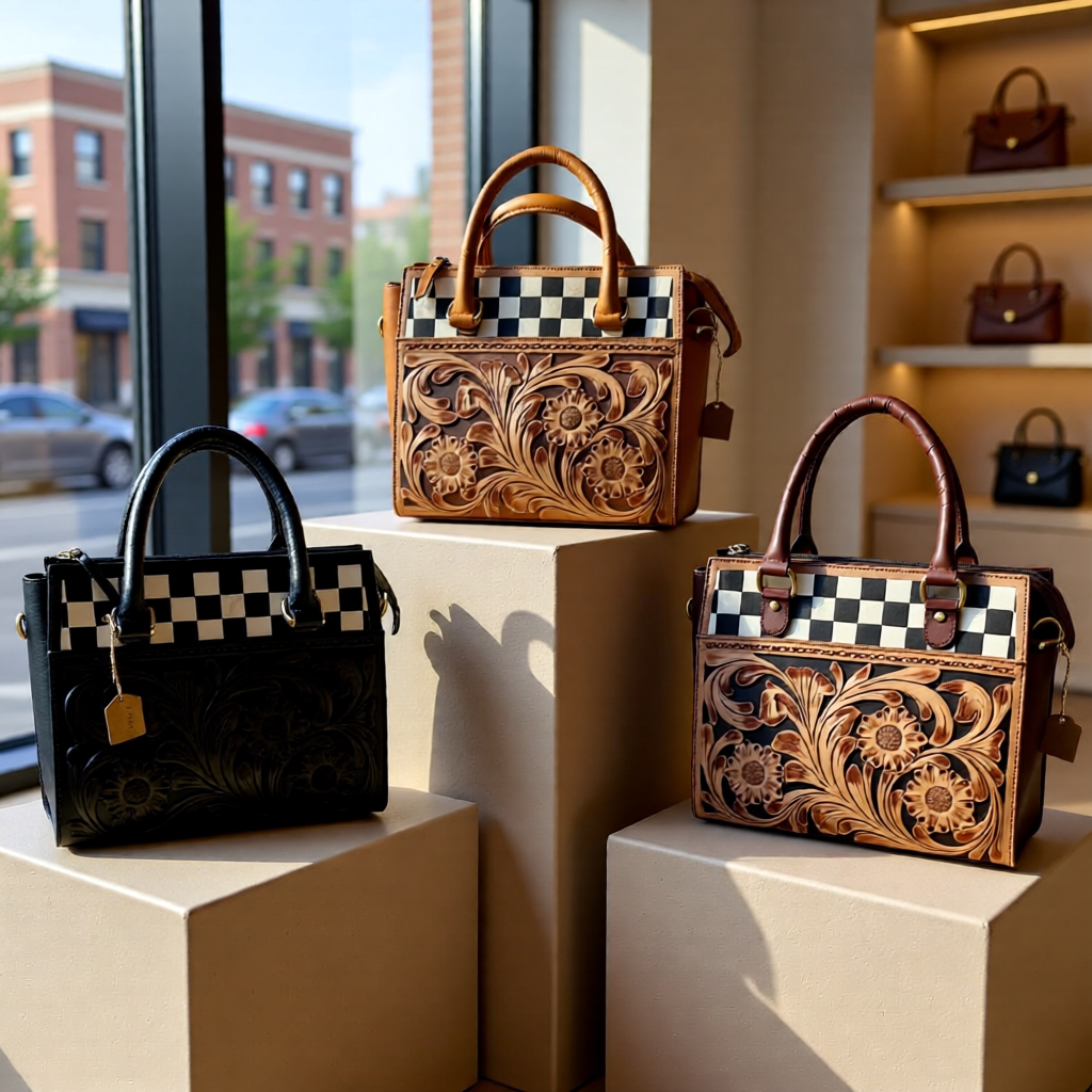 The Belmont Classic – Tooled Leather & Checkered Handbag