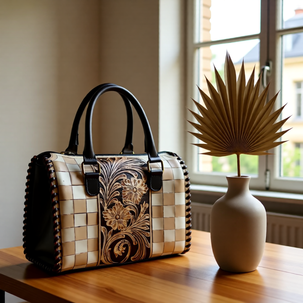 The Ivory Ridge – Tooled Leather & Checkered Handbag