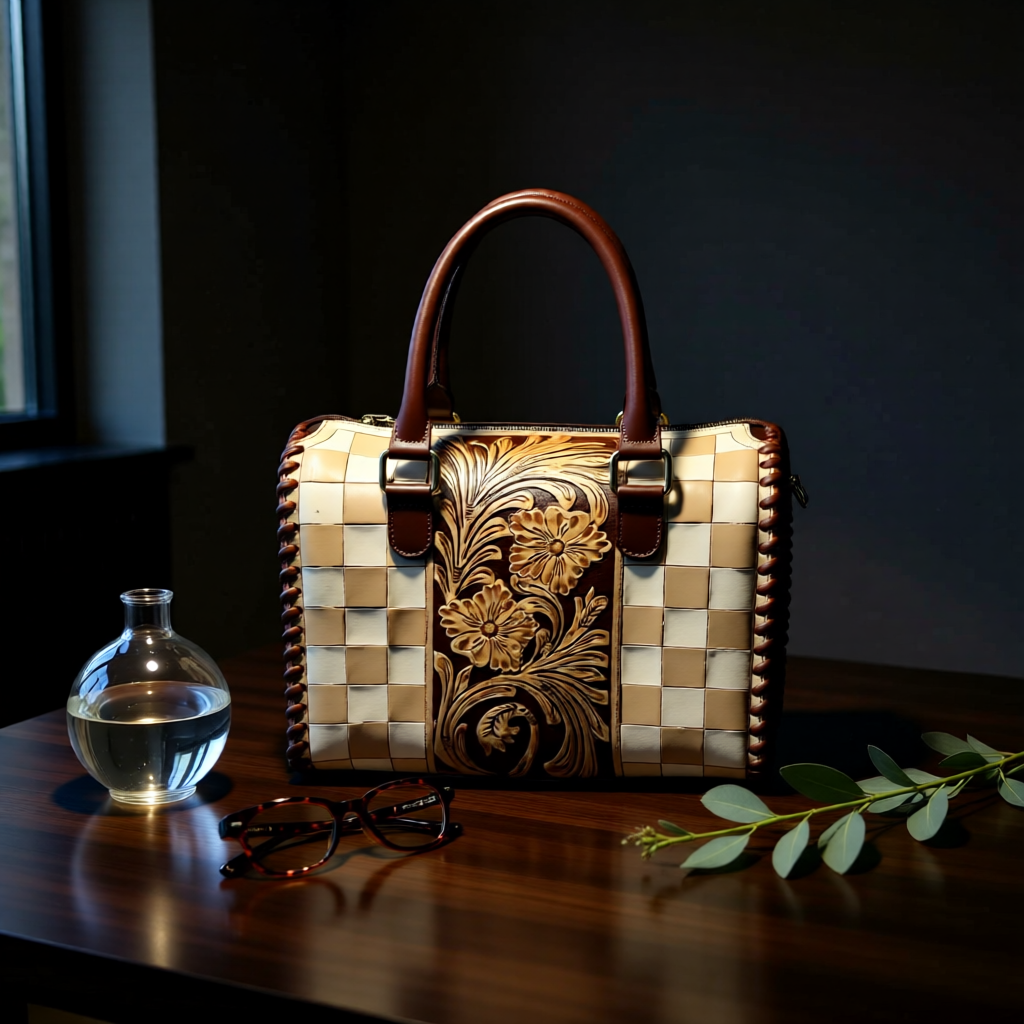 The Ivory Ridge – Tooled Leather & Checkered Handbag