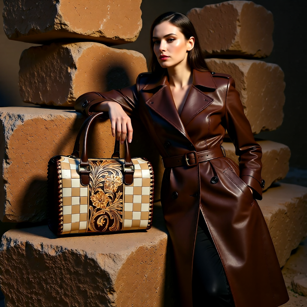 The Ivory Ridge – Tooled Leather & Checkered Handbag