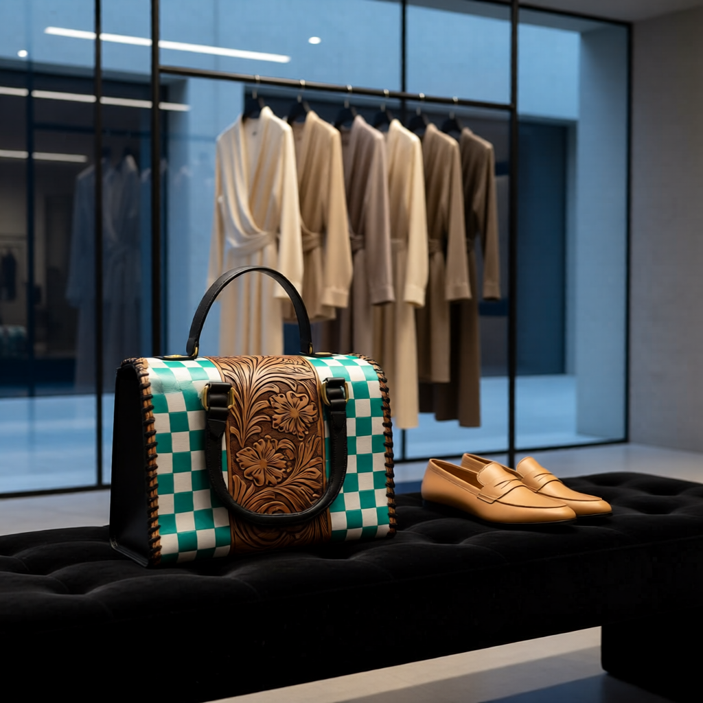 The Ivory Ridge – Tooled Leather & Checkered Handbag