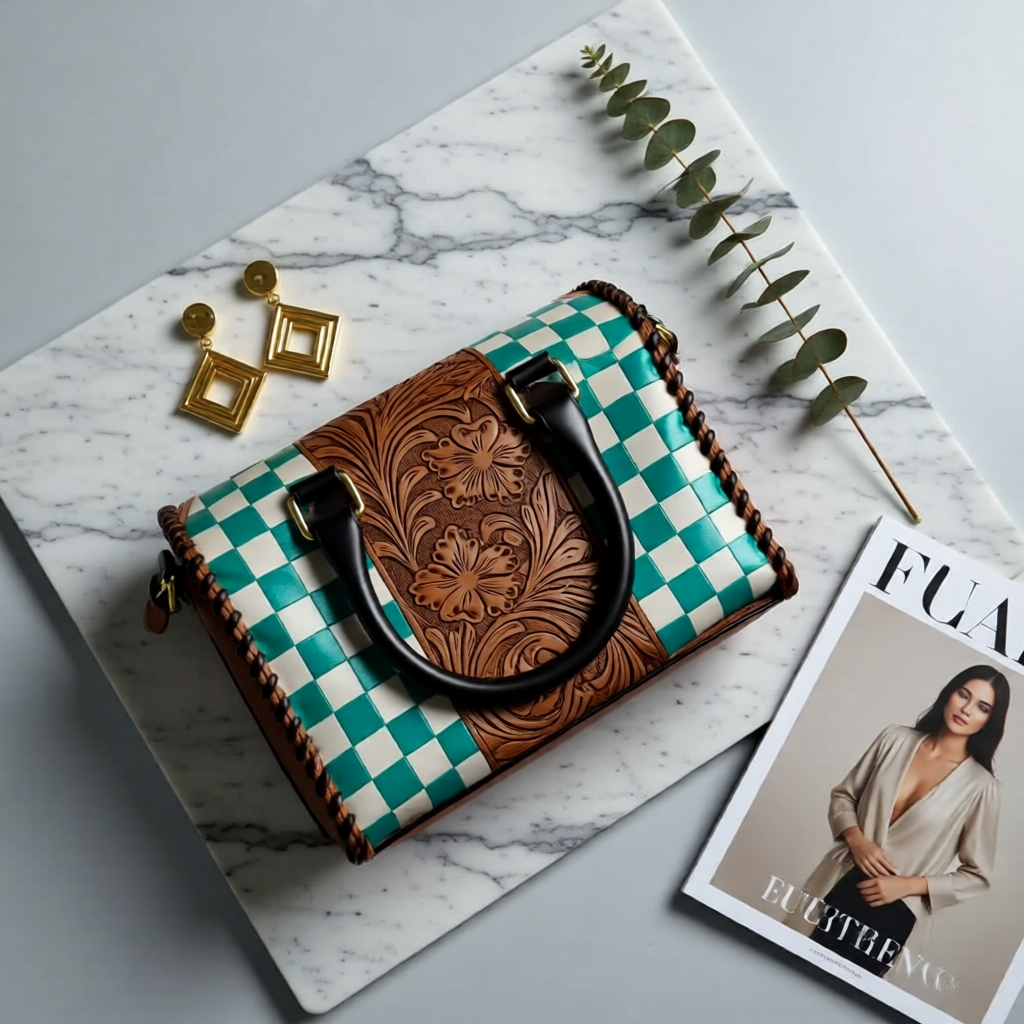The Ivory Ridge – Tooled Leather & Checkered Handbag