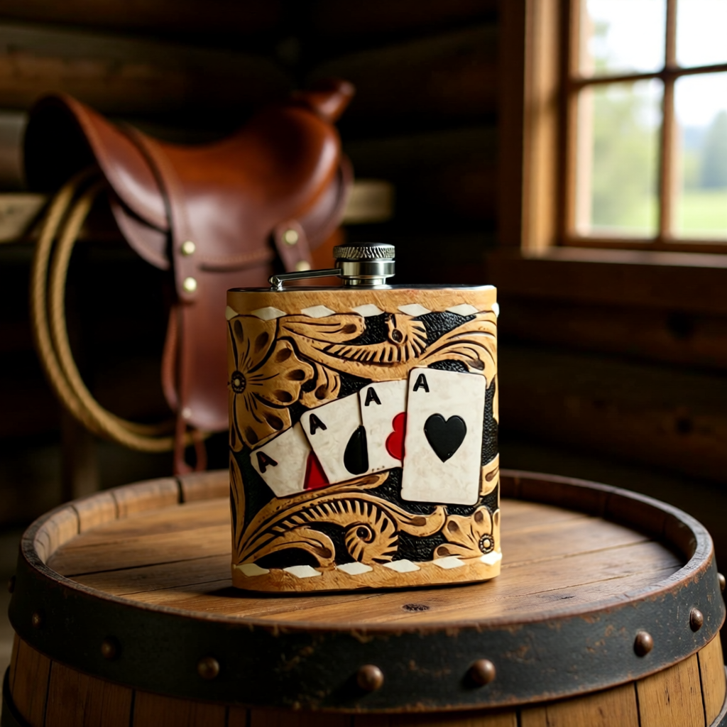 High Stakes Tooled Leather Flask with Ace Card Design