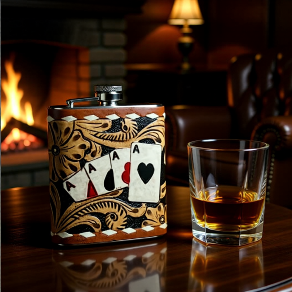High Stakes Tooled Leather Flask with Ace Card Design
