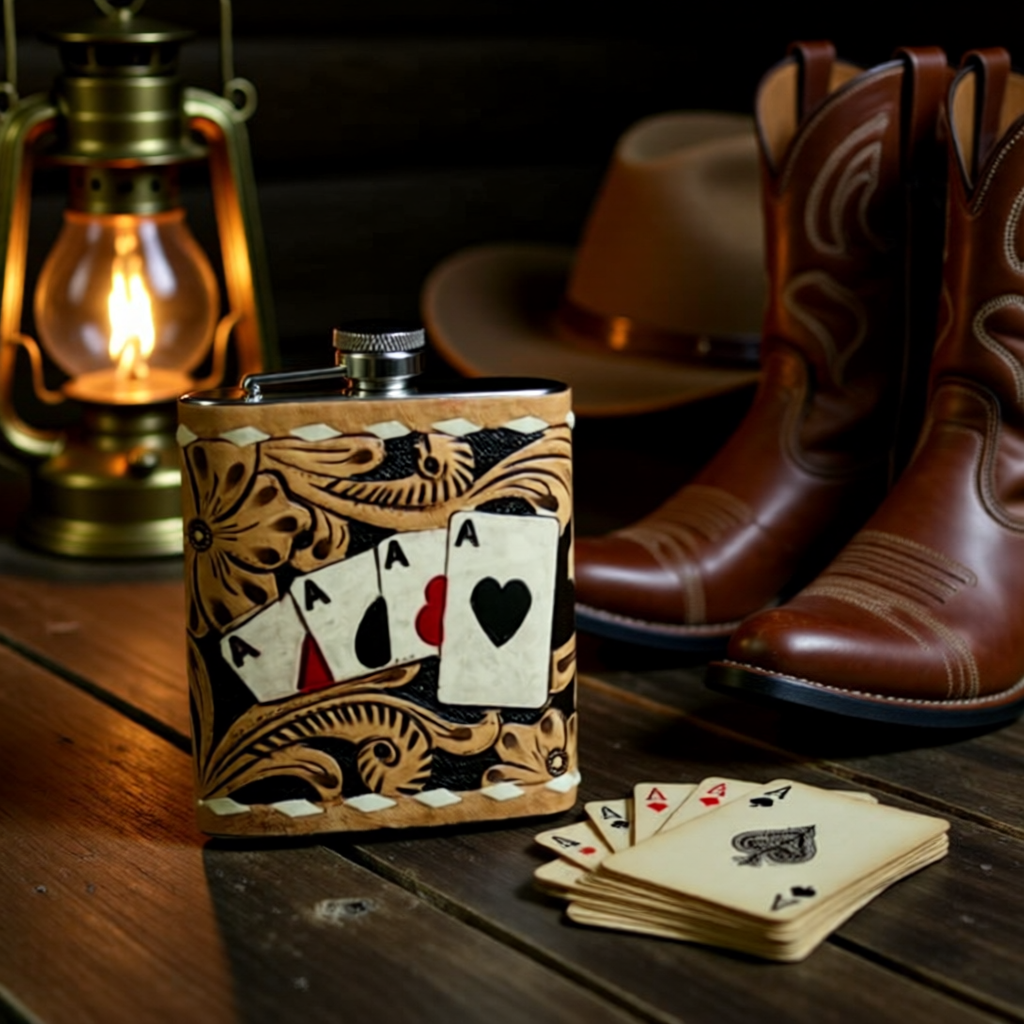 High Stakes Tooled Leather Flask with Ace Card Design
