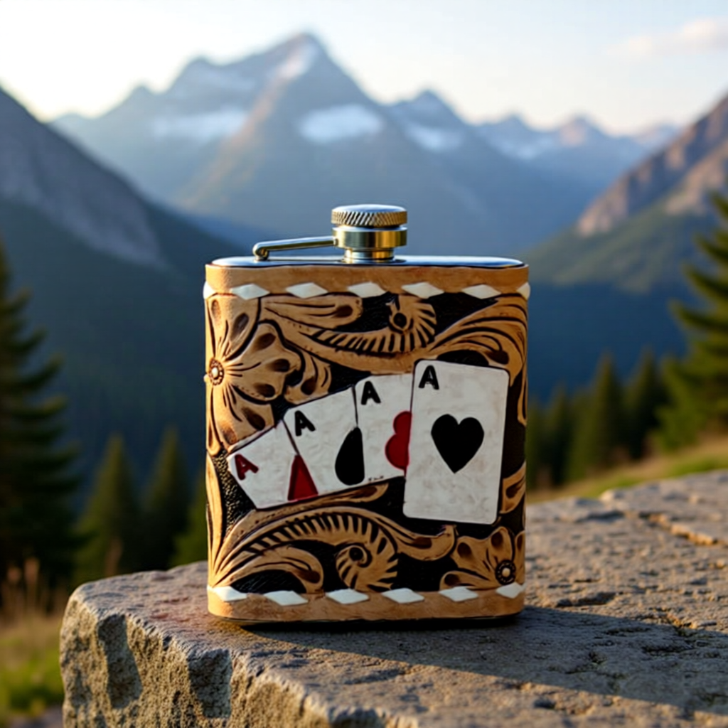 High Stakes Tooled Leather Flask with Ace Card Design