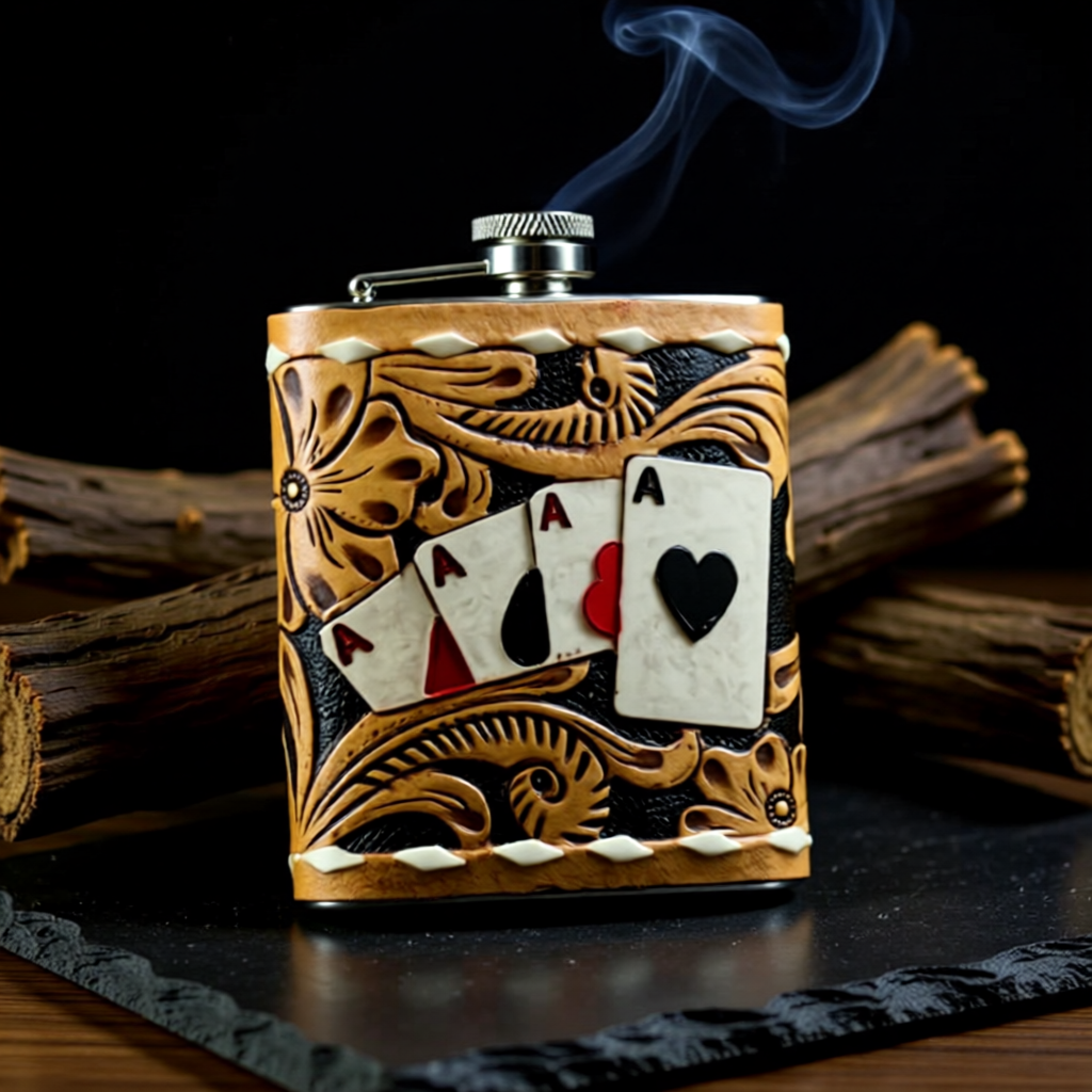 High Stakes Tooled Leather Flask with Ace Card Design