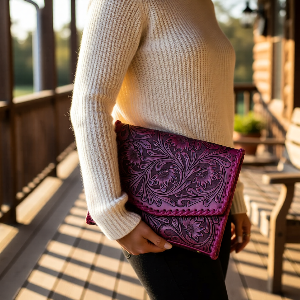 Wild Rose Clutch | Hand-Tooled Western Clutch with Crossbody Strap