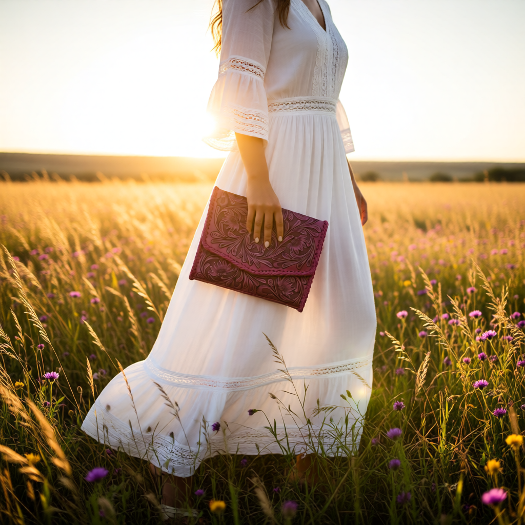 Wild Rose Clutch | Hand-Tooled Western Clutch with Crossbody Strap