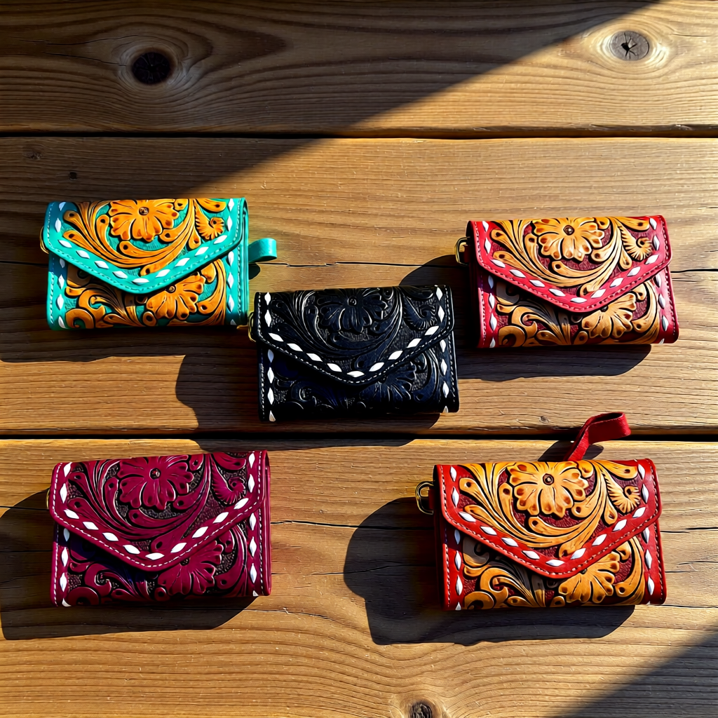 The Rustic Bloom Tooled Leather Wristlet Small Wallet