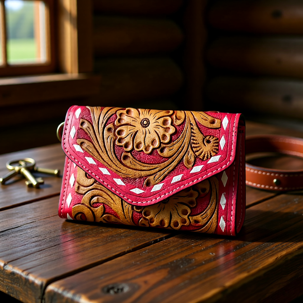 The Rustic Bloom Tooled Leather Wristlet Small Wallet
